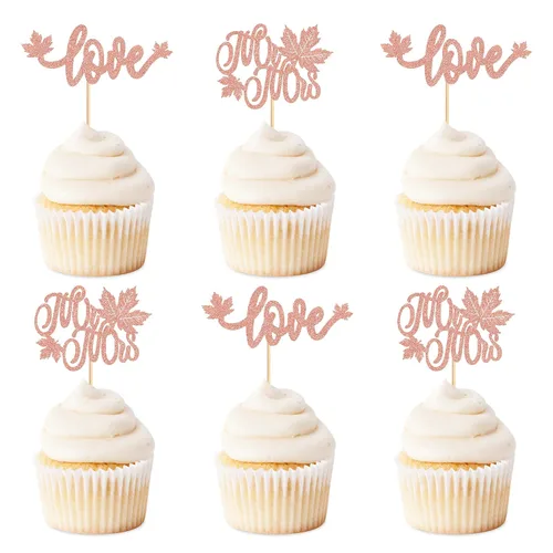 Vista 11 de Ercadio Paquete de 30 adornos para cupcakes de hojas de arce de otoño con purpurina de oro rosa y hojas de arce para decoración de otoño, cosecha