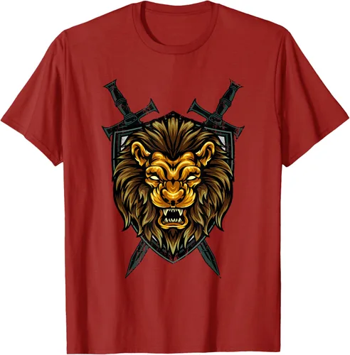 Vista 43 de Camiseta con diseño de caballero medieval renacentista, con diseño de espada de león, Negro, S