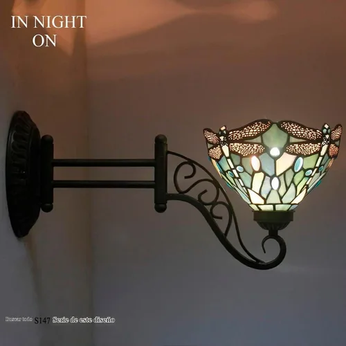 Vista 3 de WERFACTORY Tiffany Lámpara de pared con brazo oscilante para enchufar, luz azul mar, estilo libélula W8L19 pulgadas, serie S147