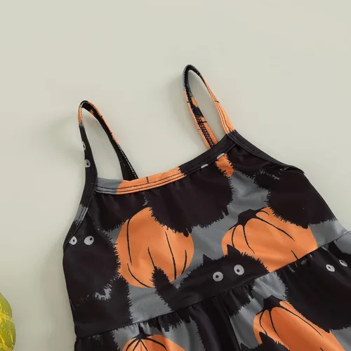 Vista 5 de Emmababy Enterizo de Halloween para niños y niñas pequeñas, con estampado de calabaza, fantasmacaricatura, gato, calabaza, sin mangas, 1-6T, overol