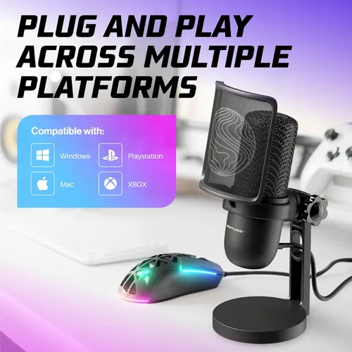 Vista 3 de Neptune Sonus - Micrófono para juegos Micrófono de transmisión con filtro pop para claridad vocal Micrófono de escritorio para transmisión, Negro