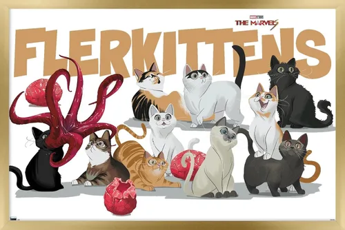 Vista 16 de Marvel The Marvels - Póster de pared de Flerkittens, 22.4 pulgadas de largo x 14.7 pulgadas de ancho, versión enmarcada de madera de granero
