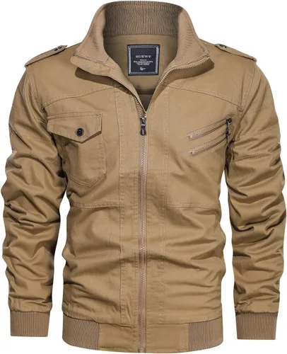Vista 2 de HIJEWE Men Military Jacket Casual Cotton Utility Coat Spring Falls Durable Army Cargo Bomber Stand Collar Multi-Pocket Jacket