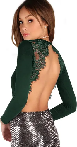 Vista 4 de Body mangas largas DIDK para mujer sin espalda con apliques de encaje