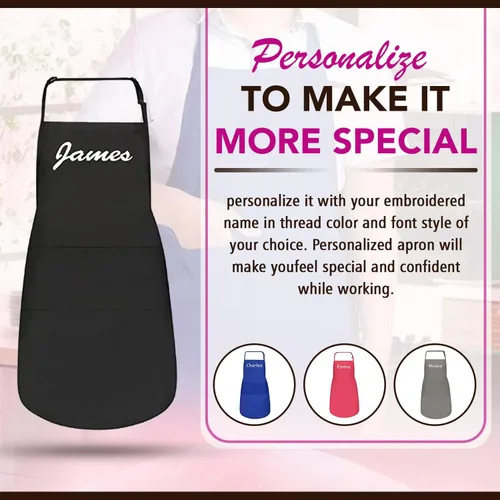 Vista 3 de Delantales personalizados para hombres y mujeres – Delantal personalizado con nombre bordado y bolsillos para cocina, pintura, manualidades, salón