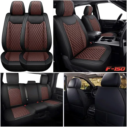 Vista 5 de Fundas de asiento delantero y trasero para F150 de cuero impermeable, juego completo de fundas de cojín para vehículos automotrices para Ford F150