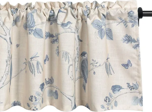 Vista 18 de VOGOL Cenefa de estilo rústico para filtrar la luz, con bolsillo para barra, cortina de cenefa de campo con estampado de pájaros para cocina, 52 x