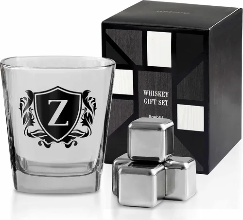 Vista 24 de Regalos de whisky para hombres, vaso de whisky con inicial personalizada con piedras de whisky para papá, novio, mejores amigos, compañeros