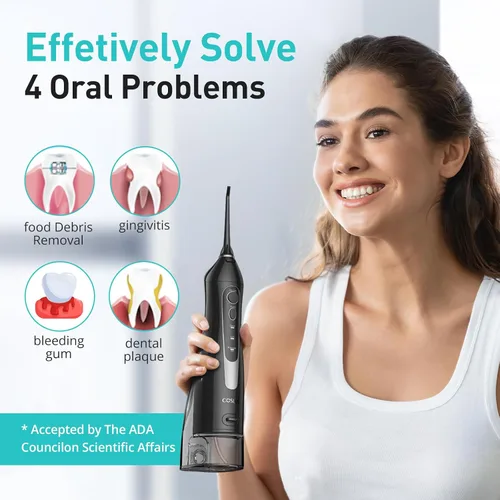 Vista 7 de COSLUS Hilo Dental de Agua: Irrigador Oral Portátil Inalámbrico 300ML Recargable Limpiador de Viaje IPX7 Impermeable Máquina de Hilo Dental