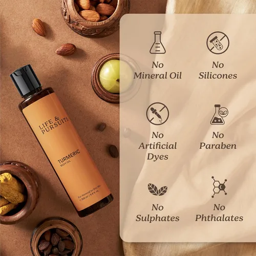 Vista 5 de Life & Pursuits Aceite corporal de cúrcuma para piel seca, 6.8 onzas líquidas, aceite corporal diario ligero con cúrcuma, escualano y vitamina E