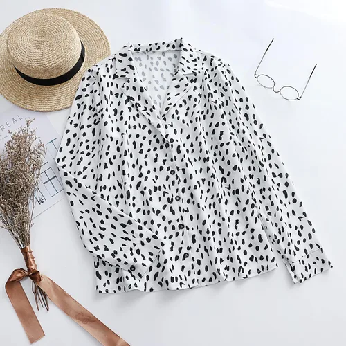 Vista 5 de ECOWISH - Blusa casual para mujer con cuello en V, túnica con estampado de leopardo, manga larga y con botones