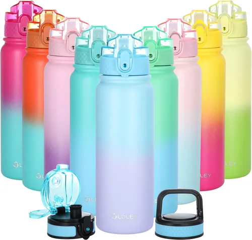 Vista 28 de Oldley Botella de Agua Aislada con Pajilla de 20oz, Botellas de Agua de Acero Inoxidable con 3 Tapas, Aislamiento al Vacío de Doble Pared Térmica