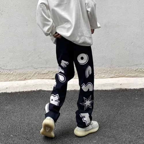 Vista 5 de BXCNCKD Jeans góticos de calle hip-hop con letras de contraste de color para hombre, pantalones casuales sueltos Harajuku