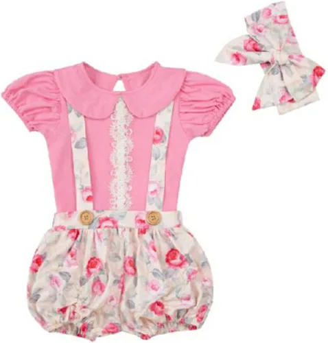 Vista 2 de CEREOTH Oversuits - Conjunto de ropa para bebé y niña, estampado floral, manga corta, pantalones cortos, diadema, ropa de primavera y otoño