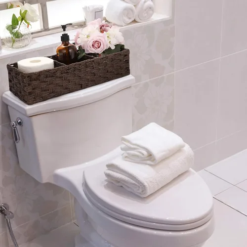 Vista 5 de [Compartimentos más grandes] Cesta de papel superior del tanque de inodoro - Cesta de mimbre de plástico multiusos tejida a mano con divisor