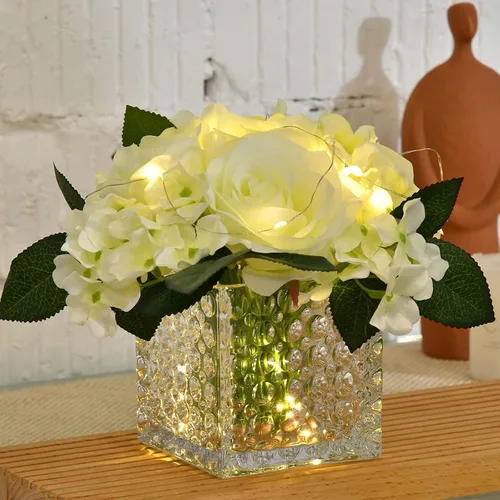 Vista 12 de Arreglo de centro de mesa de rosa artificial de seda en florero de vidrio con luz LED para decoración de bodas en el hogar (Negro)