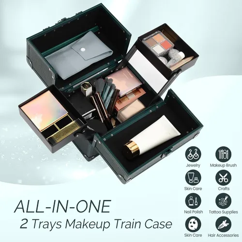 Vista 4 de Estuche de Maquillaje 2 Bandejas Caja Organizadora de Maquillaje Estuche de Maquillaje de Viaje Portátil con Cerradura Organizador de Almacenamiento