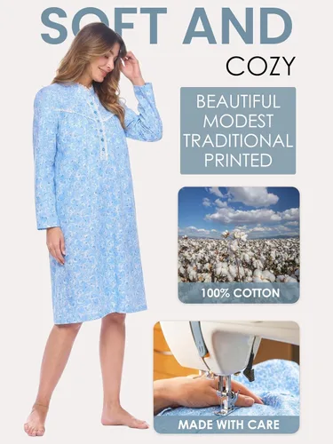 Vista 3 de Casual Nights Camisón de franela con flores de manga larga para mujer Azul
