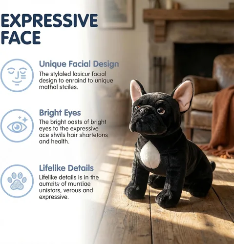 Vista 2 de Juguete de peluche de bulldog negro, realista de 13 pulgadas, animal de peluche de perro Bulldog negro, lindo juguete de peluche para cachorros