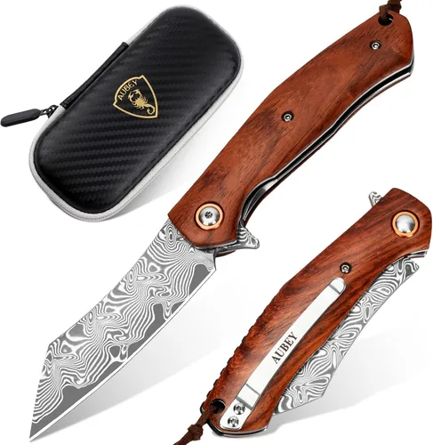 Vista 11 de Cuchillo de bolsillo plegable de Damasco AUBEY hecho a mano con clip para hombres, cuchillo de caza de Damasco EDC con bloqueo de vástago para Mango