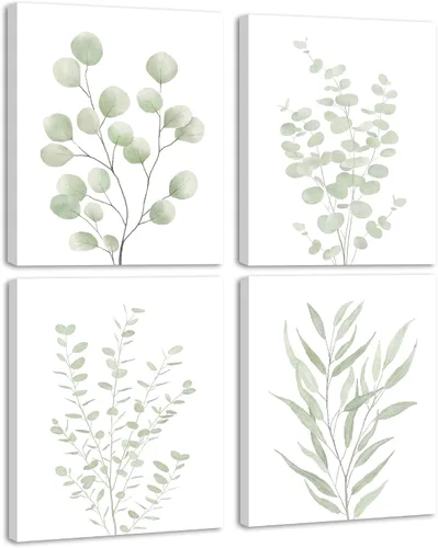 Vista 11 de KUVIOKE Arte botánico enmarcado bohemio para pared de plantas de baño, decoración de pared, impresiones de hojas de eucalipto verde salvia, estética