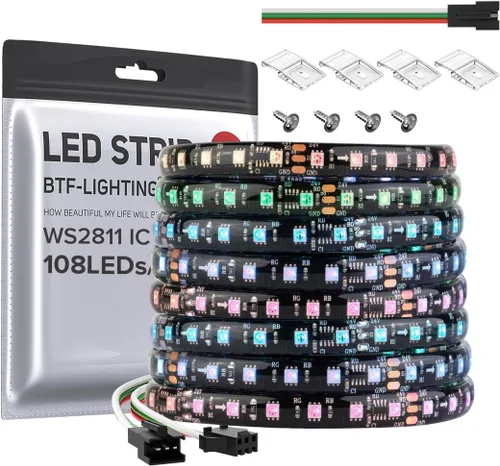 Vista 10 de BTF-LIGHTING Tira de luz LED RGB WS2811 direccionable de 2835SMD con color persiguiendo 9.8 pies DC24V 108LED/m 18píxeles/m 8mm de ancho IP65