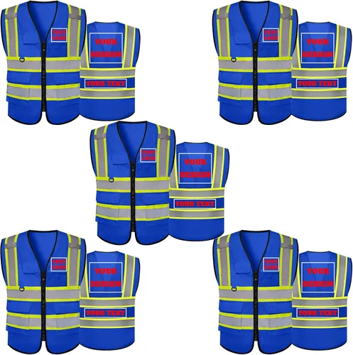 Vista 19 de Chaleco de seguridad reflectante de malla con logotipo personalizado Clase 2 con 5 bolsillos y cremallera