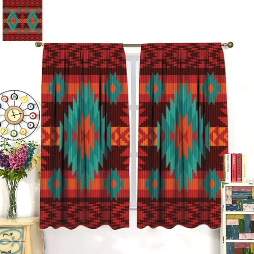 Vista 126 de Cortinas con patrón geométrico tribal, estilo suroeste, azteca, rústico, occidental, nativo americano, opacas, con bolsillo para barra, decoración