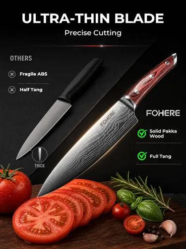 Vista 5 de FOHERE Juego de cuchillos de chef, 5 cuchillos de cocina ultra afilados con mango ergonómico de madera de Pakka roja, juego de cuchillos