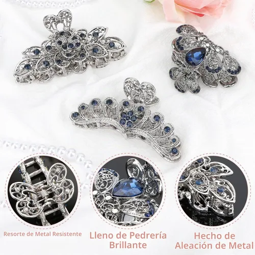 Vista 3 de kilofly Pinzas de metal para el cabello de cristal vintage, 3 piezas