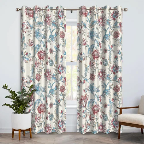 Vista 13 de Cortinas opacas bohemias para dormitorio, cortinas modernas de mediados de siglo color azul, cortinas térmicas con ojales para oscurecer