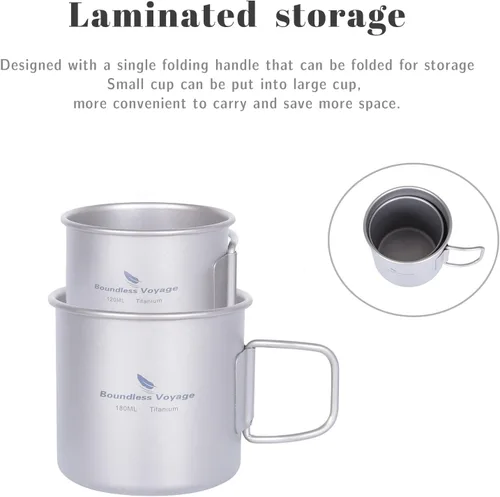 Vista 3 de Boundless Voyage Titanio Camping Taza Taza Fuego Abierto Ultraligero Camping Picnic Agua Vino Café Taza 4.1 fl oz y 6.1 fl oz Teacups Sin Tapa