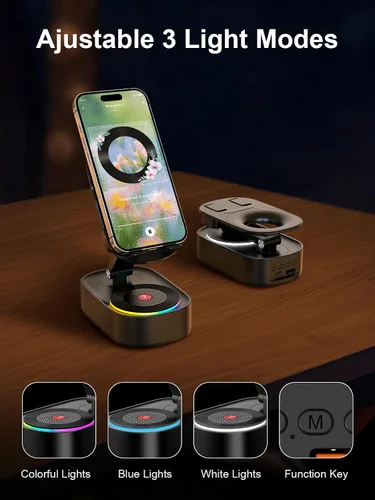 Vista 6 de Altavoz de inducción inalámbrico, soporte para teléfono celular con altavoz Bluetooth inalámbrico, soporte para iPhone 5 en 1 con luz colorida