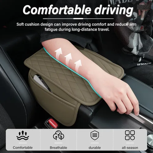 Vista 6 de Amiss Funda para consola central de automóvil, cojín de reposabrazos de automóvil de cuero mejorado con 2 bolsillos de almacenamiento, almohadilla