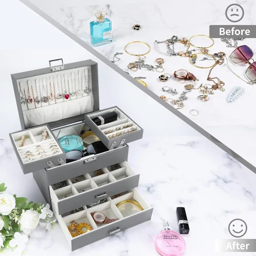 Vista 2 de Dajasan Caja organizadora de joyas, cajas de joyería para mujeres y niñas, 4 capas, caja de almacenamiento grande de joyería para aretes, anillos