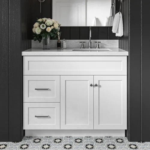 Vista 20 de DKB Bradford - Mueble de baño individual negro de 42 pulgadas con fregadero rectangular, encimera de mármol italiano de carrara con borde de 1.5