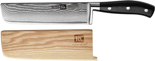 Vista 4 de Klaus Meyer Argos Damasco - Cuchillo Nakiri de acero de 7 pulgadas con funda de madera