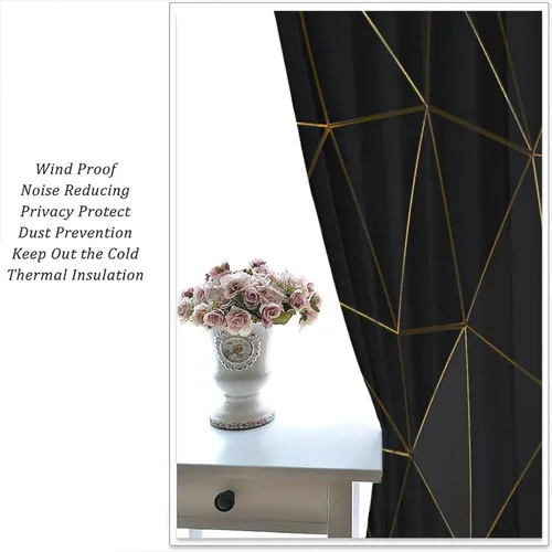 Vista 66 de Cortinas Negras con Dobladillo Dorado, Cortinas Opacas con Bolsillo para Barra con Estampado de Rayas de Foil en Onda Dorada para Decoración de Negro