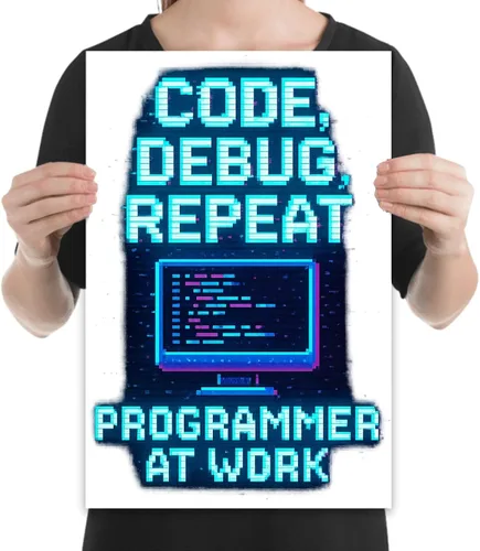 Vista 2 de Code Debug Repeat - Programmer Workspace - 13x19 Poster Print - Retro Art