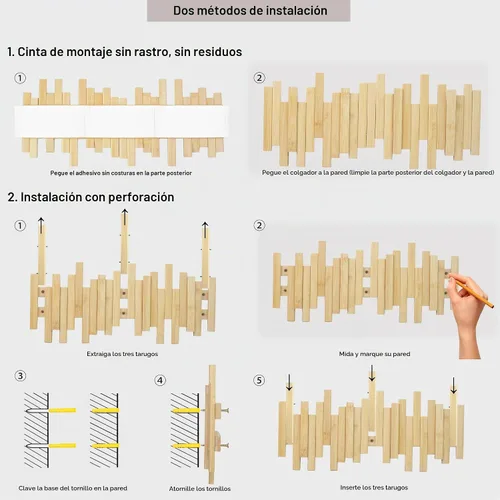 Vista 6 de MinBoo Perchero de bambú con múltiples ganchos, moderno, único, que ahorra espacio con 4 ganchos abatibles para colgar abrigos, decoraciones