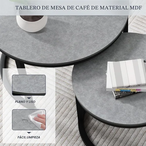 Vista 5 de Juego de 2 mesas auxiliares redondas para sala de estar, mesa central elegante con mesa de grano de madera, mesas auxiliares pequeñas