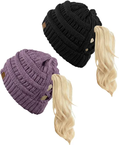 Vista 13 de Funky Junque - Gorro de coleta para mujer – Gorro de invierno con cola de caballo cruzada para mujer, cálidos y lindos gorros de punto con cola