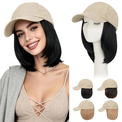 Vista 40 de Hairro Peluca de gorra de béisbol con cabello adjunto, corto estilo Bob ajustable, extensiones de cabello sintético para mujeres, balayage
