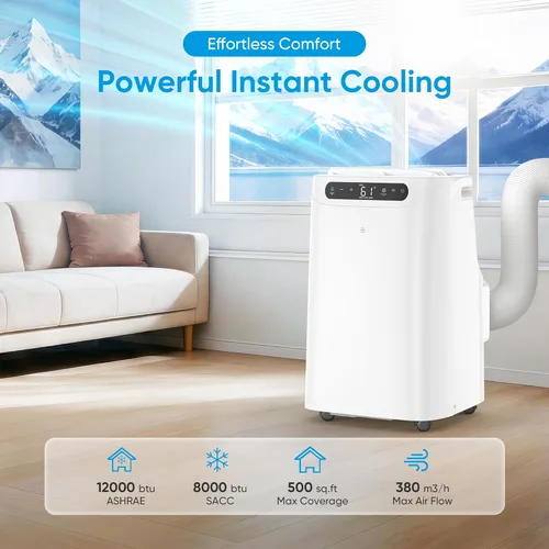 Vista 2 de Aire acondicionado portátil de 12000 BTU para refrigeración de habitaciones de hasta 500 pies cuadrados, unidad de CA portátil silenciosa 3 en 1