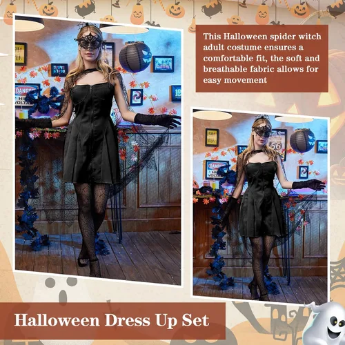 Vista 5 de Toulite Juego de 8 piezas de disfraz de telaraña de Halloween para mujer, incluye tela de araña negra, capa de encaje negro, guantes y medias