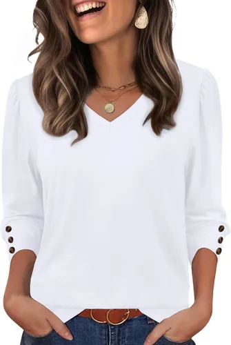 Vista 3 de XIEERDUO - Blusas de manga 3/4 para mujer, cuello en V, con botones, estilo A-blanco