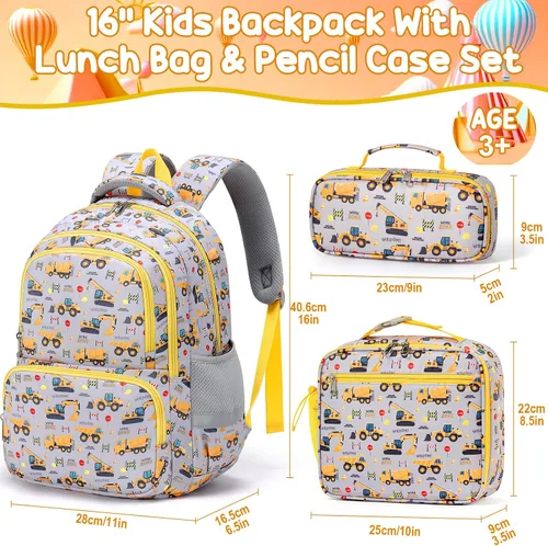 Vista 2 de Fimibuke - Mochila escolar impermeable para niñas y niños, 3 unidades Camiones de construcción A1.yellow