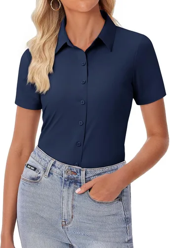 Vista 18 de siliteelon Camisa de vestir con botones para mujer, ajustada, elástica, de manga corta, sin arrugas, sólida, formal, para el trabajo