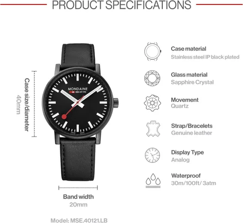 Vista 3 de Mondaine MSE.40121.LB SBB Reloj analógico de cuarzo suizo negro para hombre, Negro