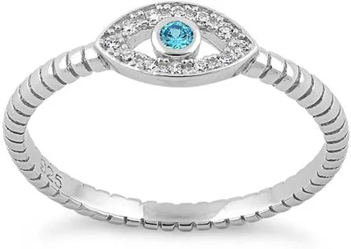 Vista 2 de Anillo de plata de ley 925 con piedras de circonita cúbica, anillo de circonita cúbica de ojo azul aguamarina, joyería impresionante
